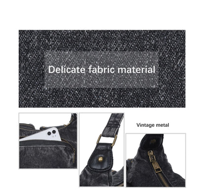 Damen-Schultertasche aus Denim und Canvas mit Reißverschluss und großem Hauptfach und Smartphonefach