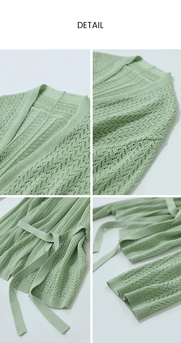 Damen-Strickjacke Lyocell V-Ausschnitt Glockenärmel Gürtel locker Frühling