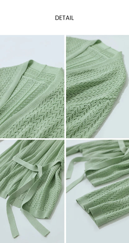Damen-Strickjacke Lyocell V-Ausschnitt Glockenärmel Gürtel locker Frühling