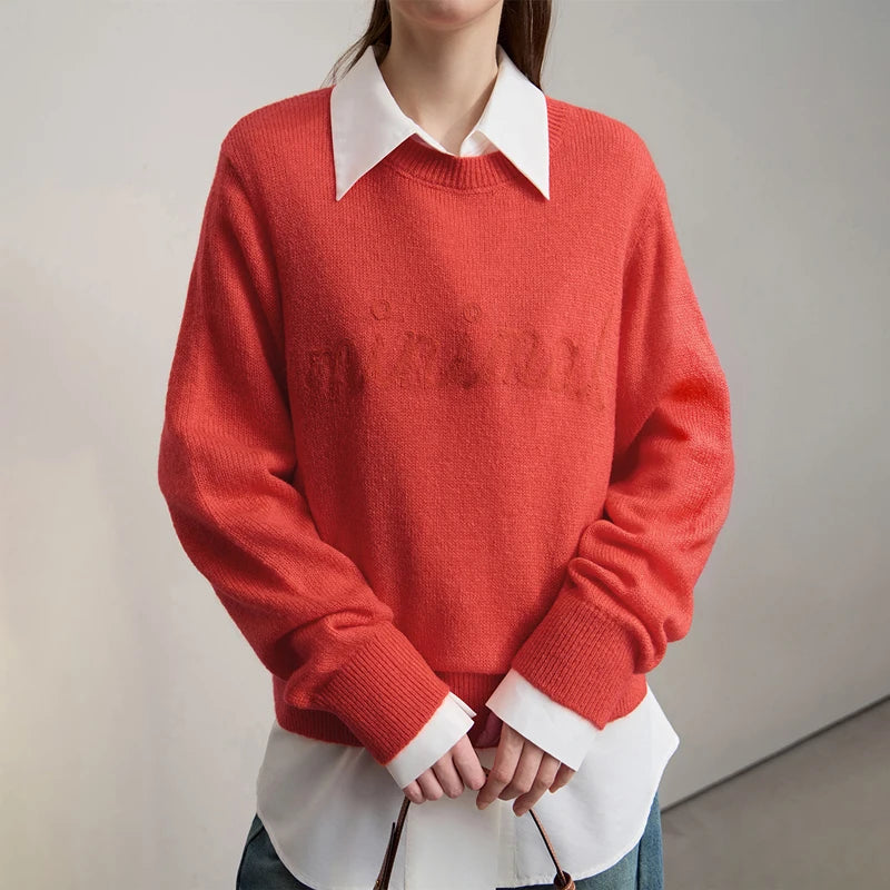 Damenpullover aus Strick, rot/orange, Rundhalsausschnitt, lange Ärmel