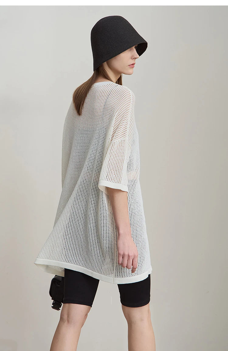 Damen-Rundhalspullover Buchstaben-Jacquard Halbarm locker Sommer