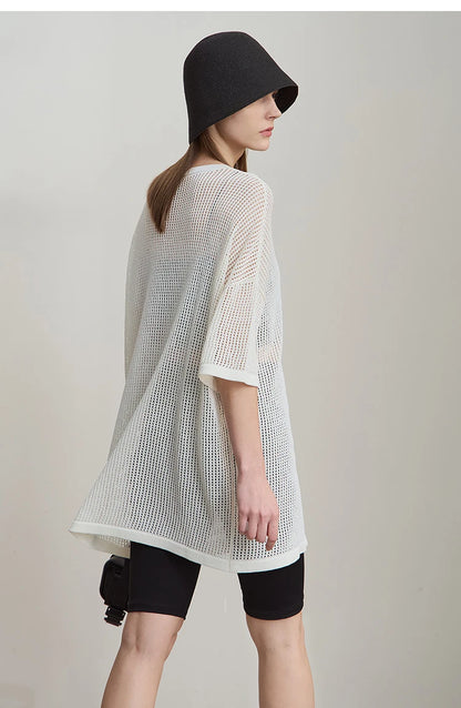 Damen-Rundhalspullover Buchstaben-Jacquard Halbarm locker Sommer