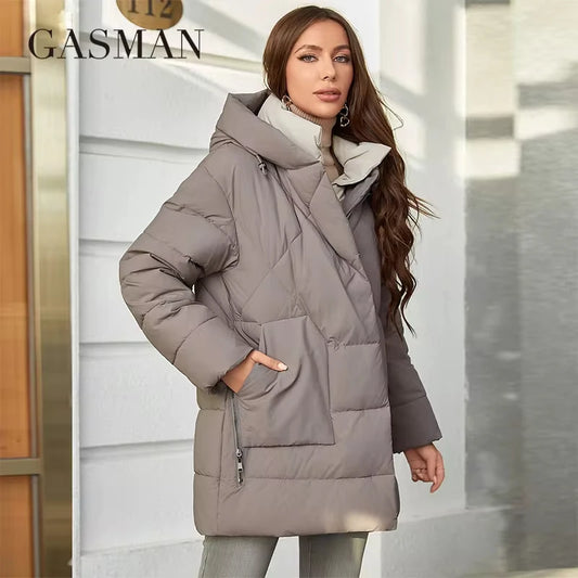Lange Damen-Winterdaunenjacke mit Kontrastkapuze und Taschen – modischer Steppmantel