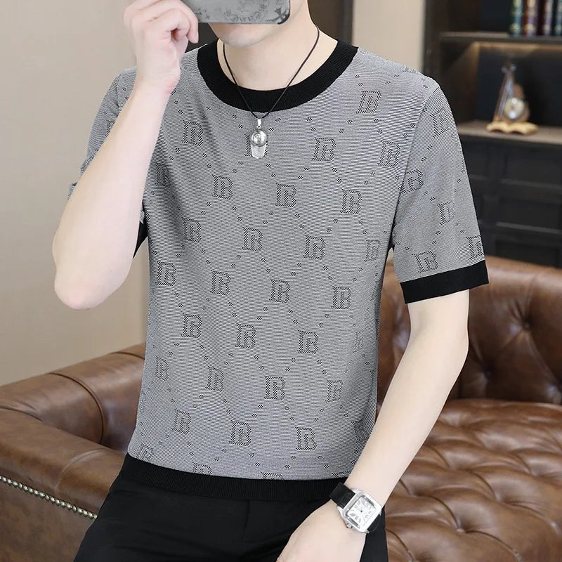 Herren Kurzarm T-Shirt aus Jacquard gestricktem Material im Retro-Stil für Sommer