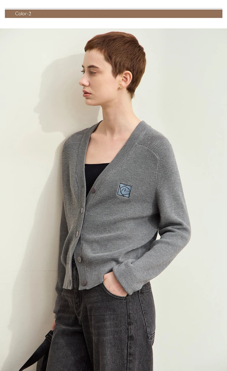 Damen-Strickjacke Wolle V-Ausschnitt Patchwork Stickerei kurz Französisch Herbst
