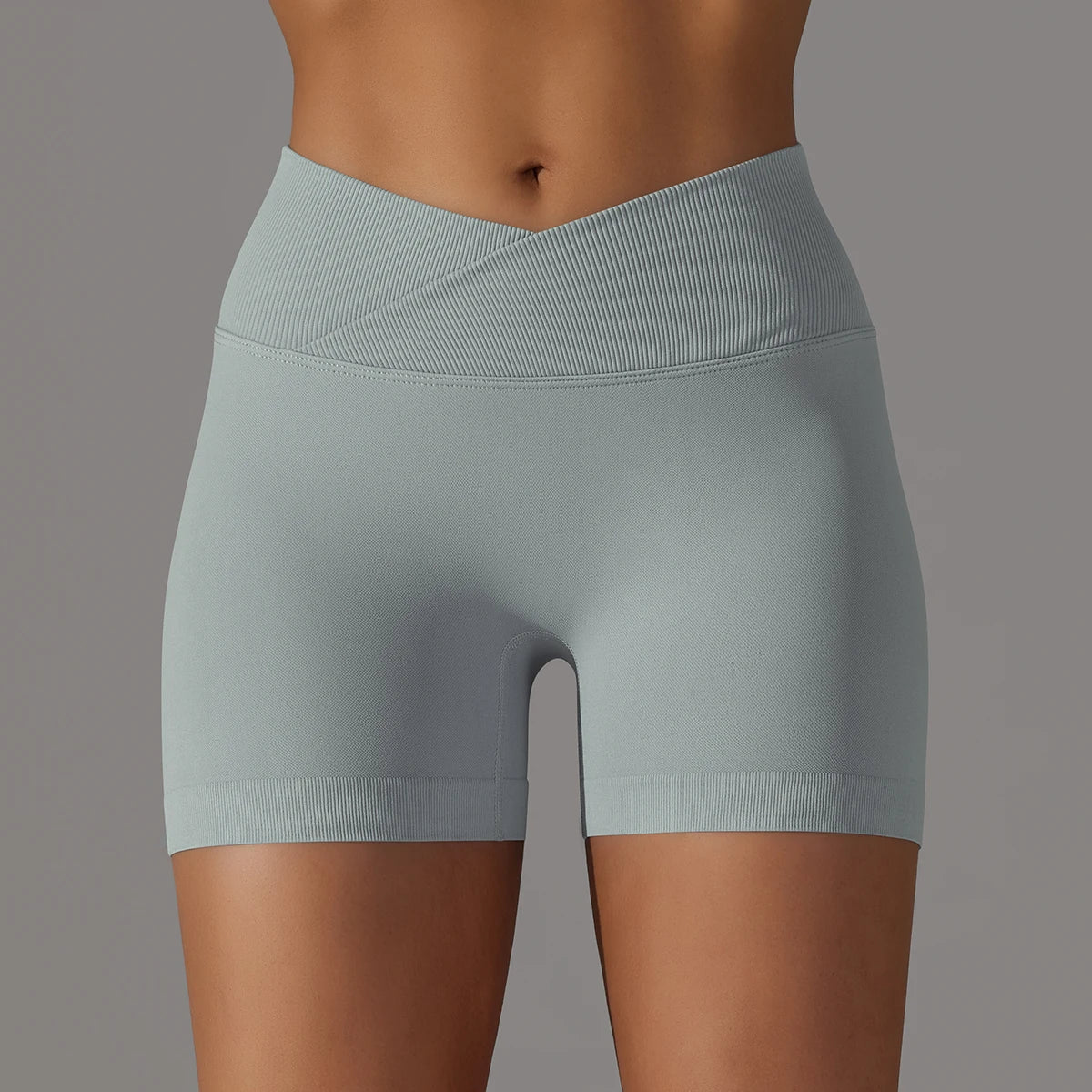 Nahtlose Damen-Yoga-Shorts mit PushUp, hohe Taille, hellblau-grau