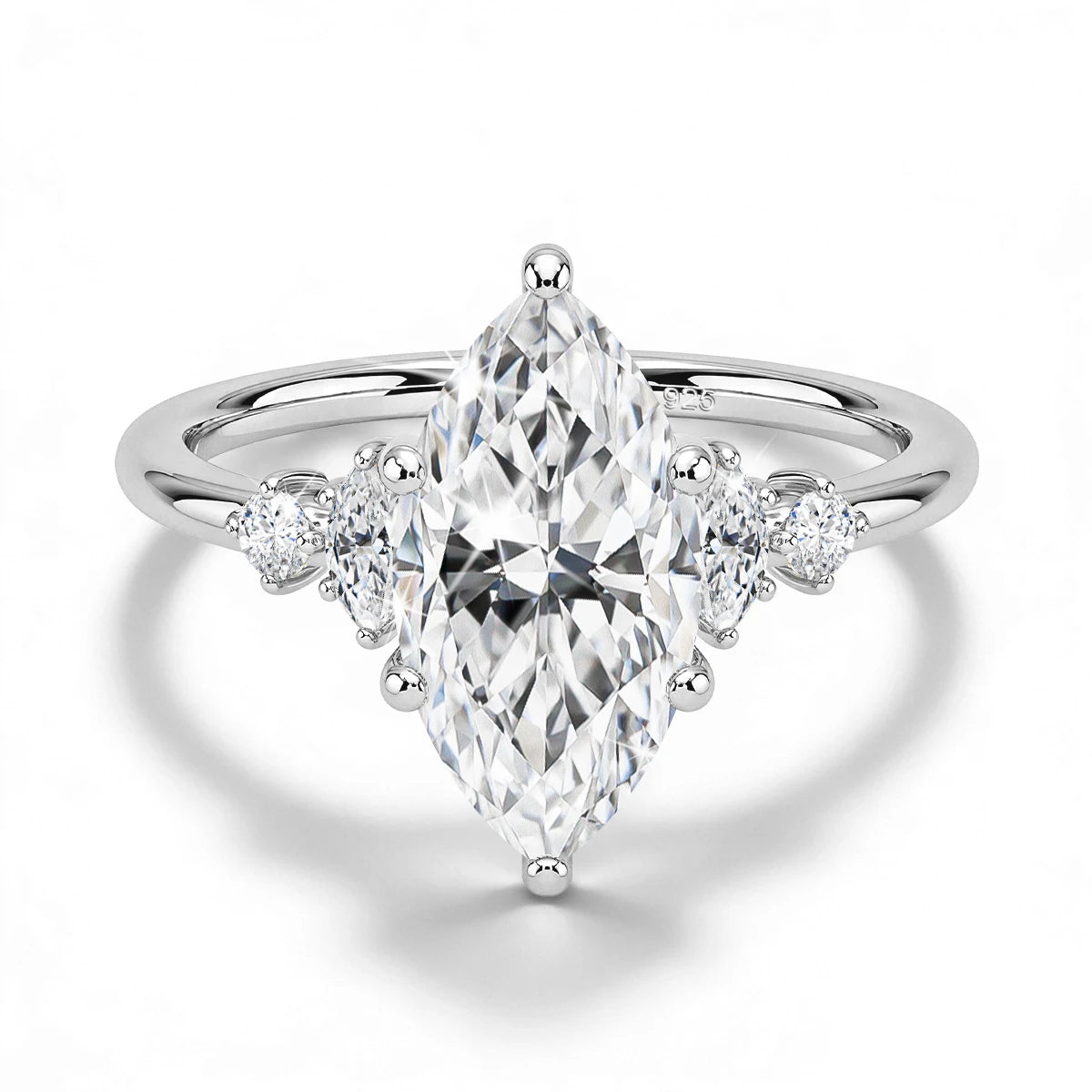Damen-Verlobungsring aus Silber 925 mit fünf Moissanite im Marquise-Schliff, 18k Goldplattiert