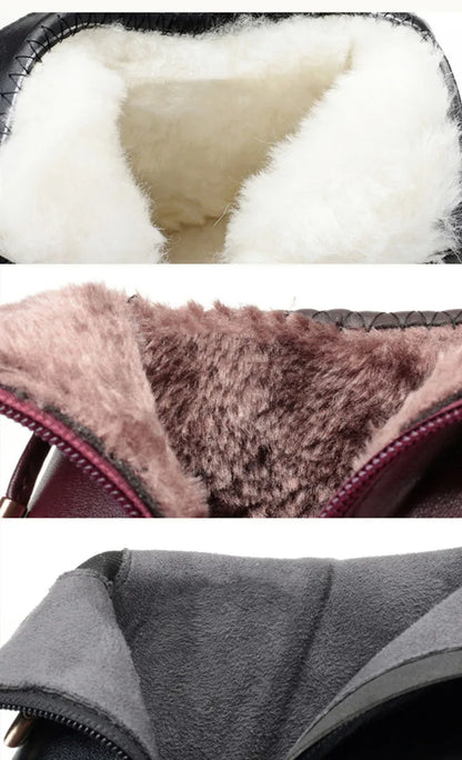 Nahaufnahme Innenfutter einer Winterstiefelette mit dichtem Wollbesatz am Rand