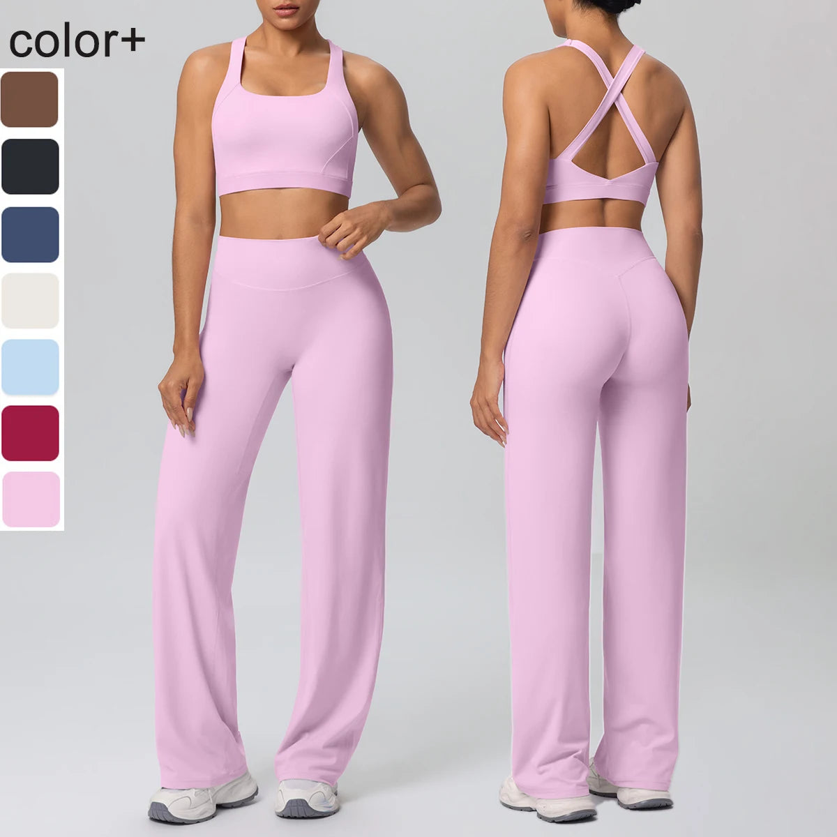 Athletik-Yoga-Set mit Brustpads, lila Top mit Rückenkreuz und weitem Yoga-Hose