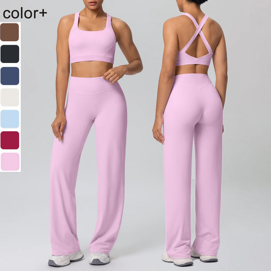 Athletik-Yoga-Set mit Brustpads, lila Top mit Rückenkreuz und weitem Yoga-Hose