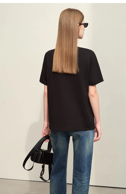 Damen T-Shirts im Minimalismus-Stil mit Kurzarm und Buchstaben-Stickerei