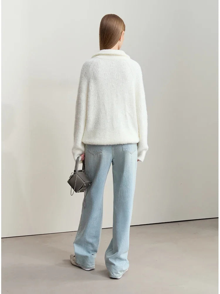 Damen-Rollkragenpullover Reißverschluss Nerz-Optik locker Winter