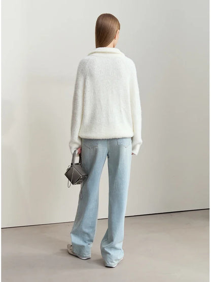 Damen-Rollkragenpullover Reißverschluss Nerz-Optik locker Winter