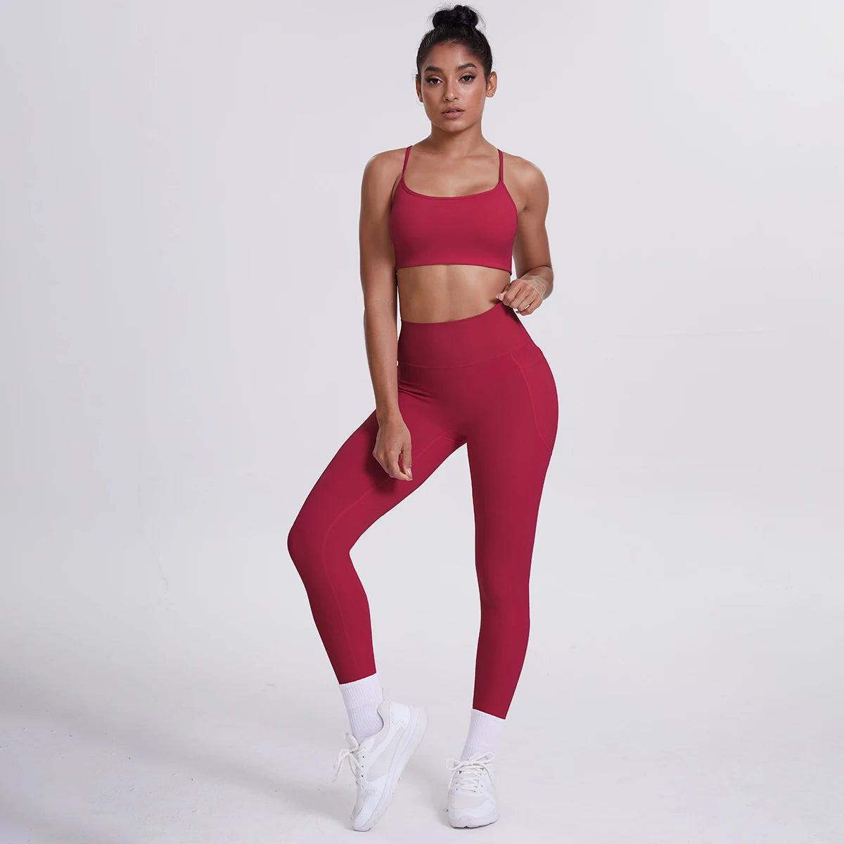 Damen Yoga-Set mit Sport-BH und Leggings, weinrot, seitliche Ansicht