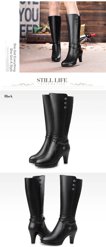 AIYUQI Female winter shoes Woman boots high-heeled Genuine Leather motorcycle boots thick wool warm winter boots riding Boot