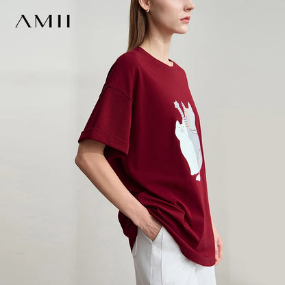 Damen Top im minimalistischen Stil mit O-Ausschnitt und bedrucktem Design