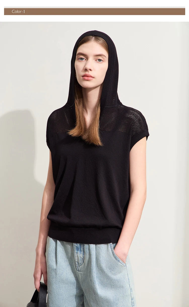 Damen-Pullover mit Kapuze, kurzarm, schwarzer Strickstoff mit V-Ausschnitt