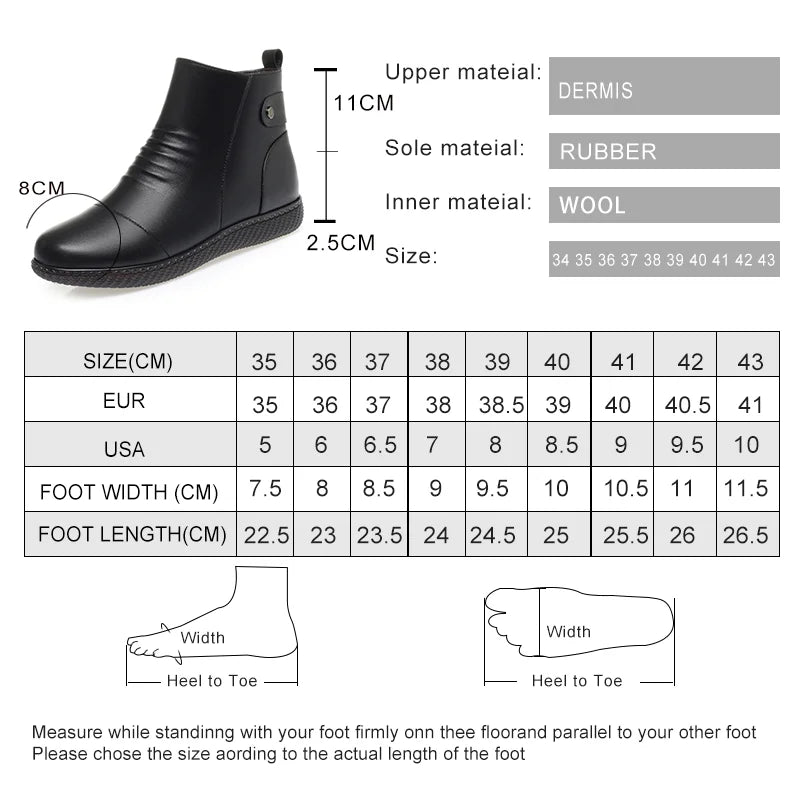 Schwarze Winterstiefelette, Maßangaben und Materialhinweis: Obermaterial Leder, Futter Wolle