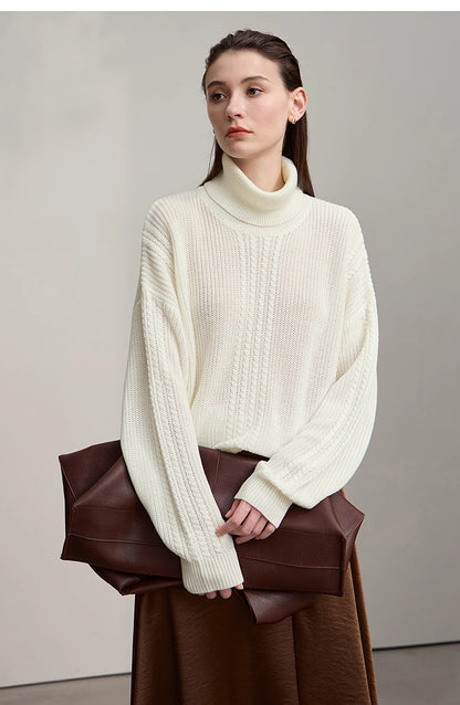 Damen-Rollkragenpullover Wolle lang locker Retro Winter