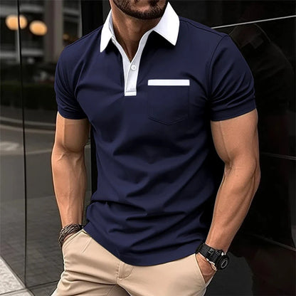 Herren-Casual-Poloshirt mit V-Ausschnitt und Knopfleiste – gestreiftes, vielseitiges Business-T-Shirt