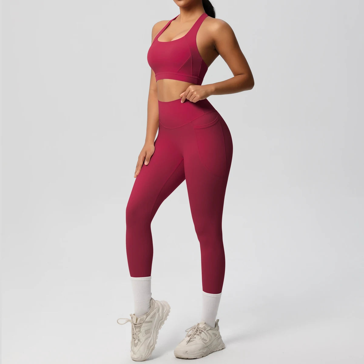 Yoga-Top und Leggings mit Bauchkontrolle, weinrot, hohe Taille