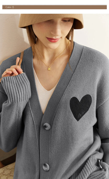 Damen-Strickjacke V-Ausschnitt Wollstickerei locker romantisch Winter
