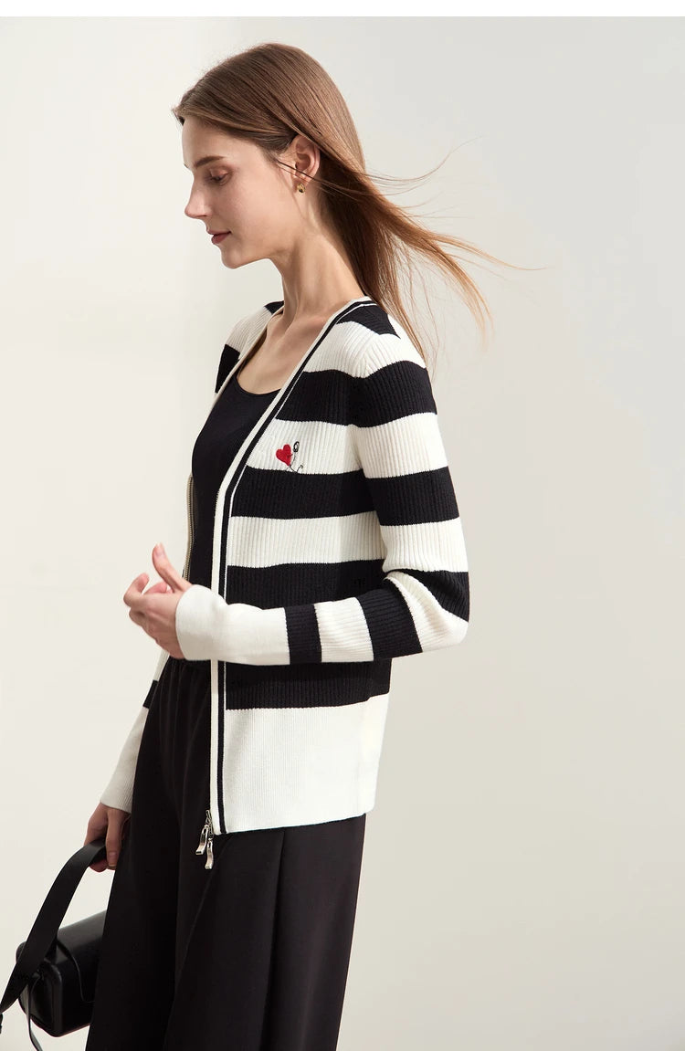 Damen-Strickjacke Kaschmir-Wolle Slim Streifen Reißverschluss Herbst