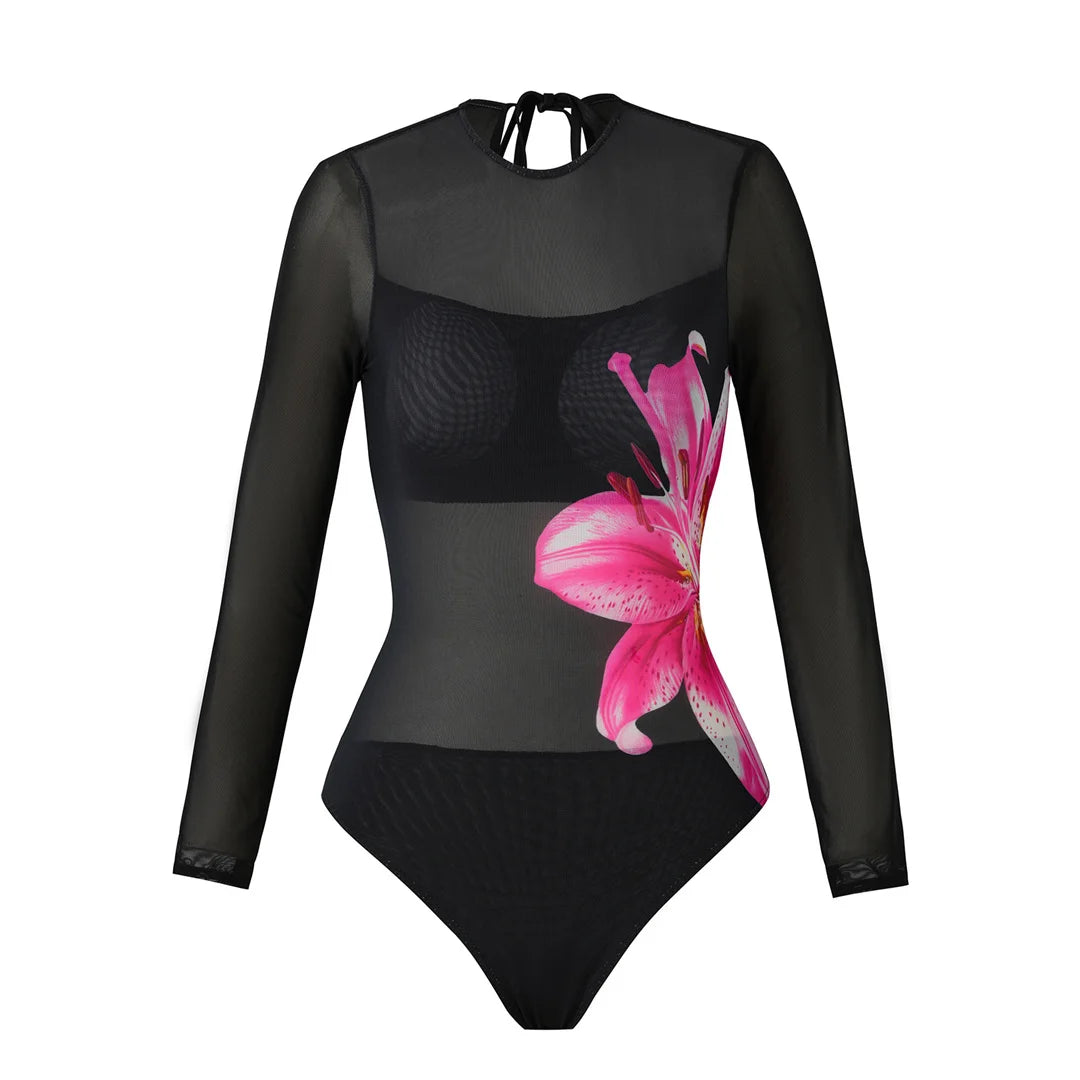 Damen Badeanzug Blumen Print Langarm mit Hose Einteiler Schwimmanzug