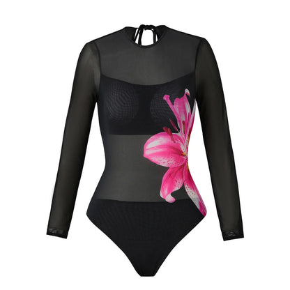 Damen Badeanzug Blumen Print Langarm mit Hose Einteiler Schwimmanzug
