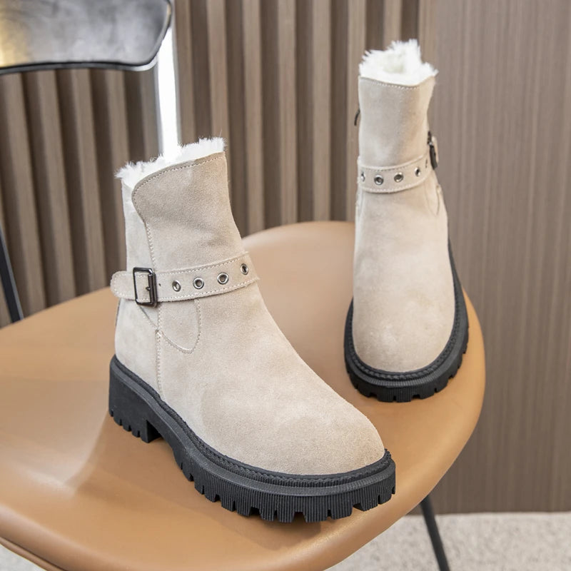 AIYUQI Women's Snow Boots Suede Genuinen Leather New Large Size Thick Warm Women Winter Boots Casual Women's Ankle Boots