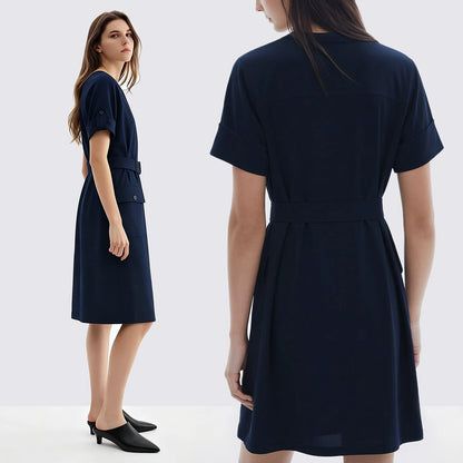 Knitterfreies Elegantes Damenkleid Mit Gurt Für Bürodamen