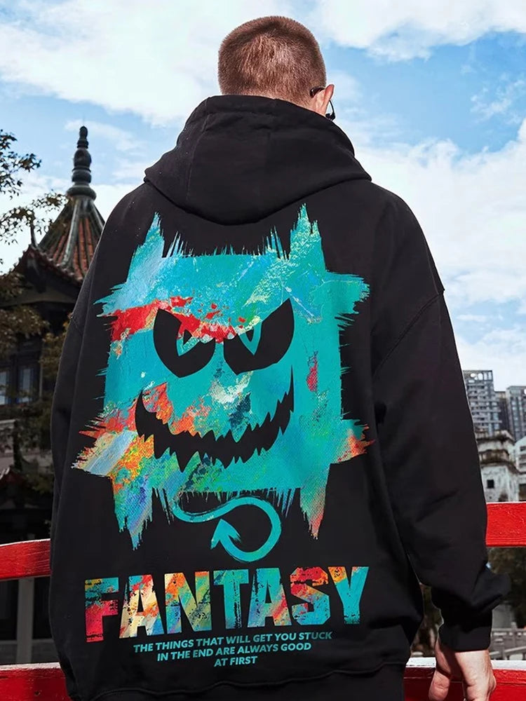 Herren Hoodie mit Graffiti-Teufel Druck im übergroßen Harajuku Stil