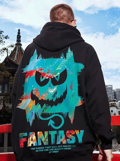 Herren Hoodie mit Graffiti-Teufel Druck im übergroßen Harajuku Stil