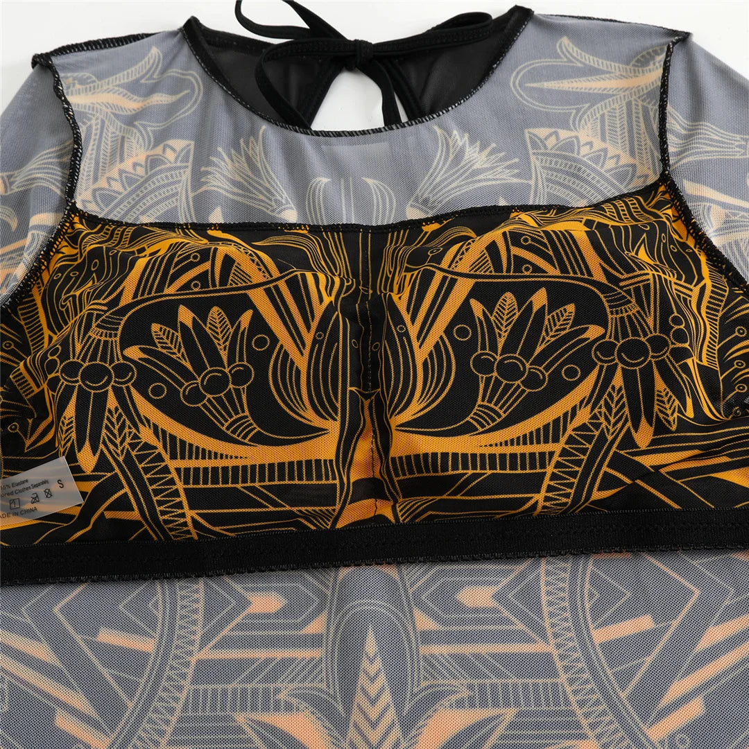 Damen-Badeanzug 3-teilig Print Langarm Sarong-Set gepolstert
