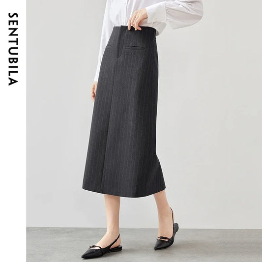 Damen Gestreifter Anzugrock im High-Taille Design mit Schlitz für Büroarbeit