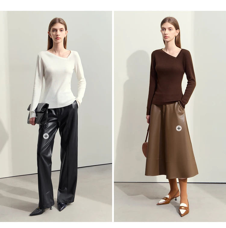 Damen-Pullover mit langem Ärmel und diagonaler V-Ausschnitt-Form in Weiß und Dunkelbraun