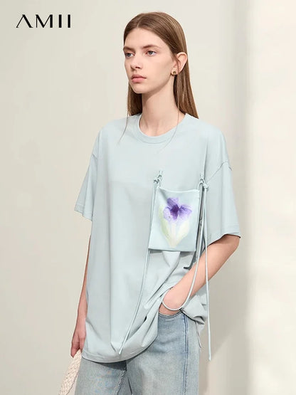 Damen T-Shirt im Minimalismus-Stil mit Taschen und elastischem O-Neck