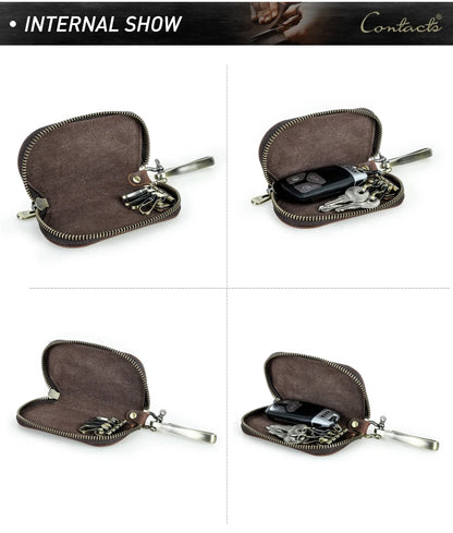 Braunes Leder-Schlüssel-Etui mit Reißverschluss und Metallhaken, Ansicht