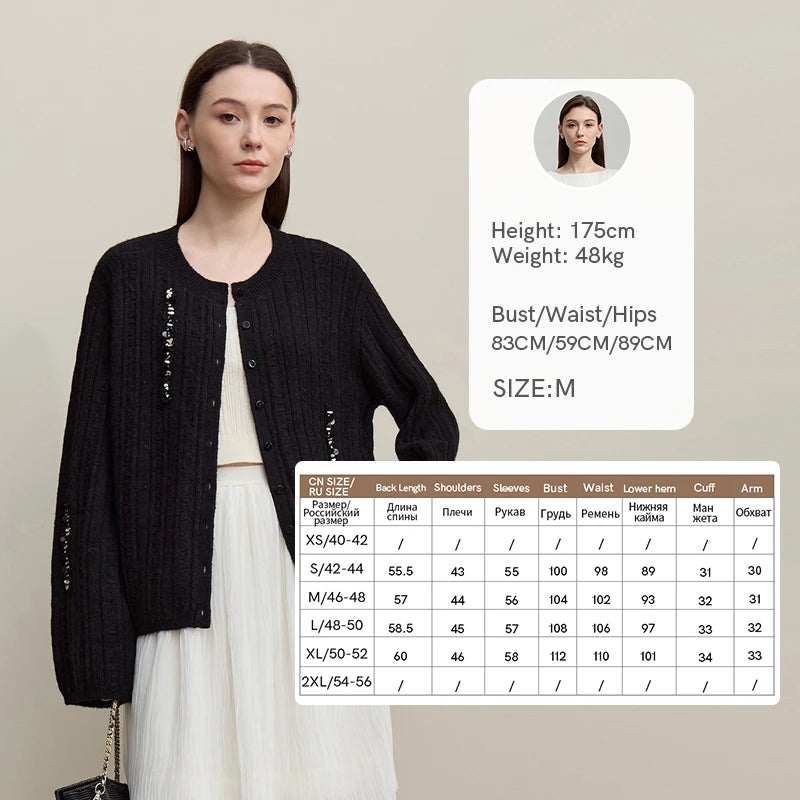 Damen-Strickjacke Rundhals Wolle locker überschnittene Schulter einreihig Frühling