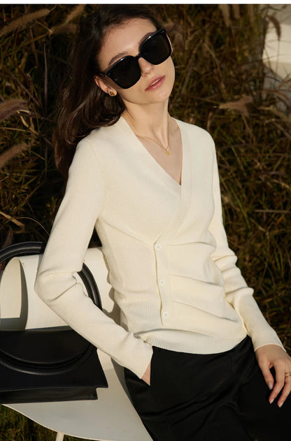 Damen V-Ausschnitt Pullover Kaschmir Slim Shirring Büro Frühling