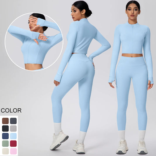 Hellblaues Damen-Yogaset mit Reißverschluss-Sportshirt und Leggings, Vorderansicht