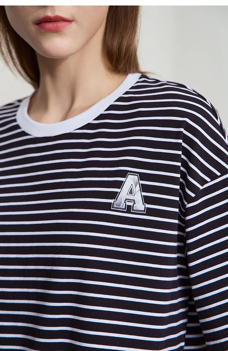 Damen T-Shirt aus reiner Baumwolle mit lässigem Streifenmuster und kurzen Ärmeln