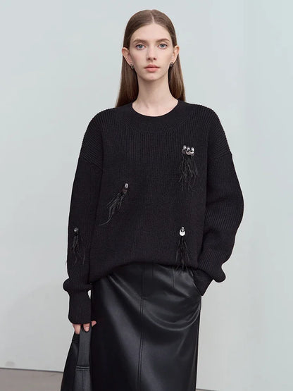 Damen-Rundhalspullover Perlen Strassapplikation locker Winter