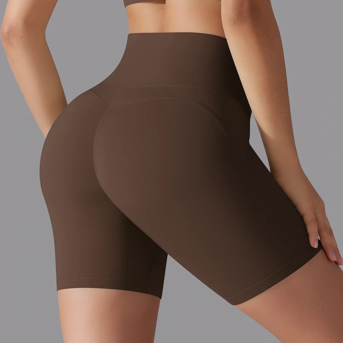 Yoga-Shorts mit hoher Taille, figurbetont, braun, mittellang mit Gesäß-Naht