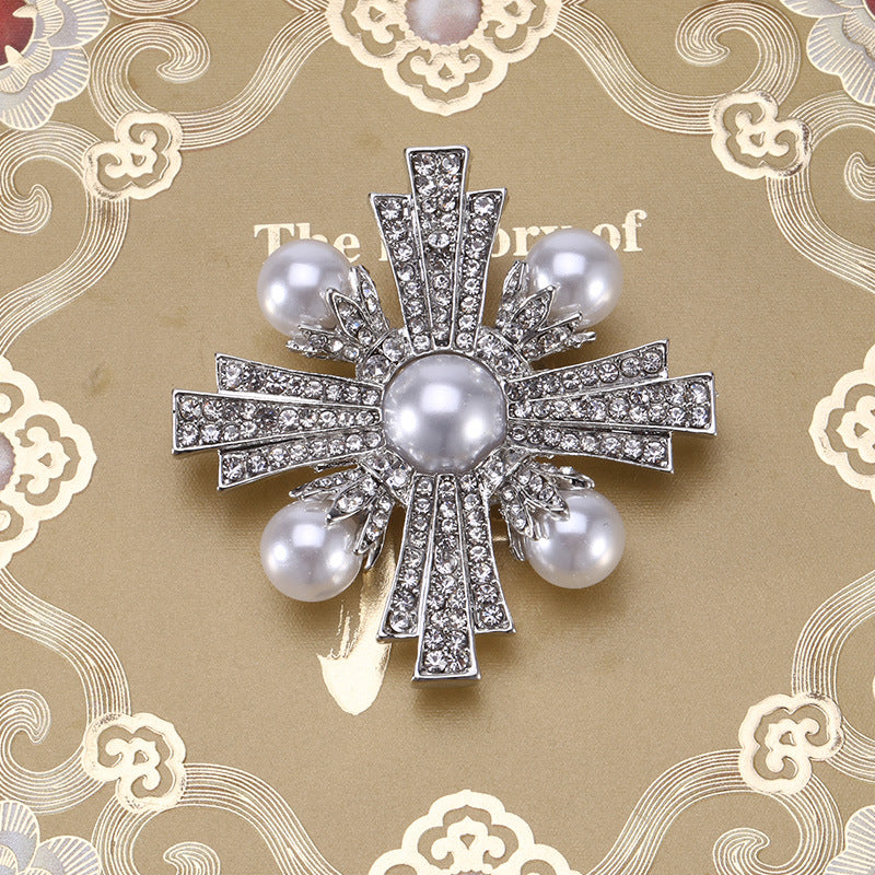 Brosche Kreuz Perle Strass Barock Vintage Luxus Hochzeit Party Damen