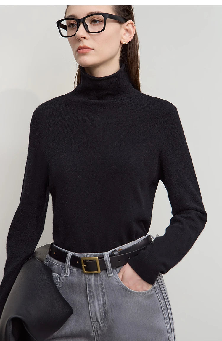 Damen-Rollkragenpullover Wolle-Kaschmir locker einfarbig Herbst