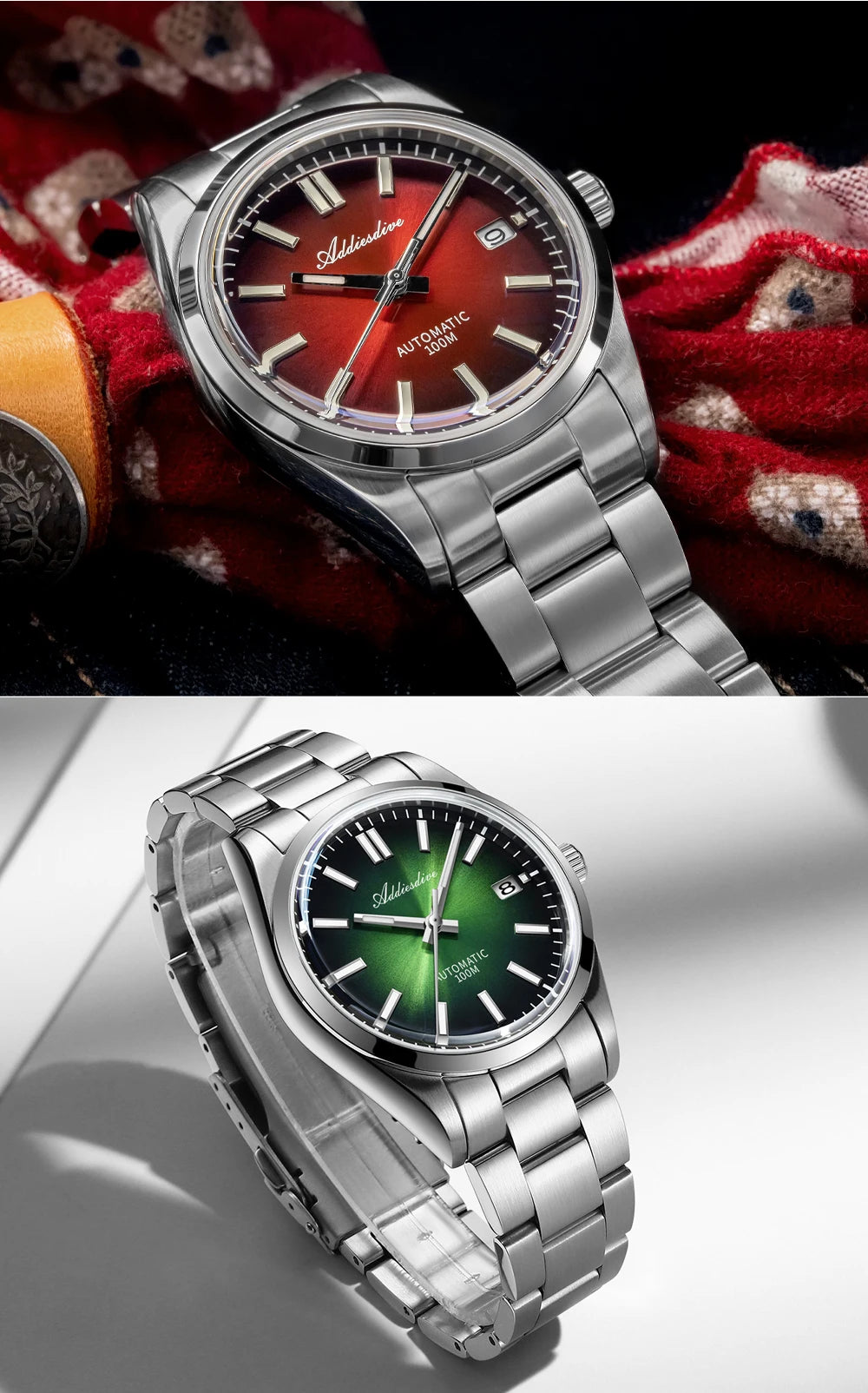 Herren-Vintage-Automatikuhr mit Sunburst-Zifferblatt und gewoelbtem Saphirglas