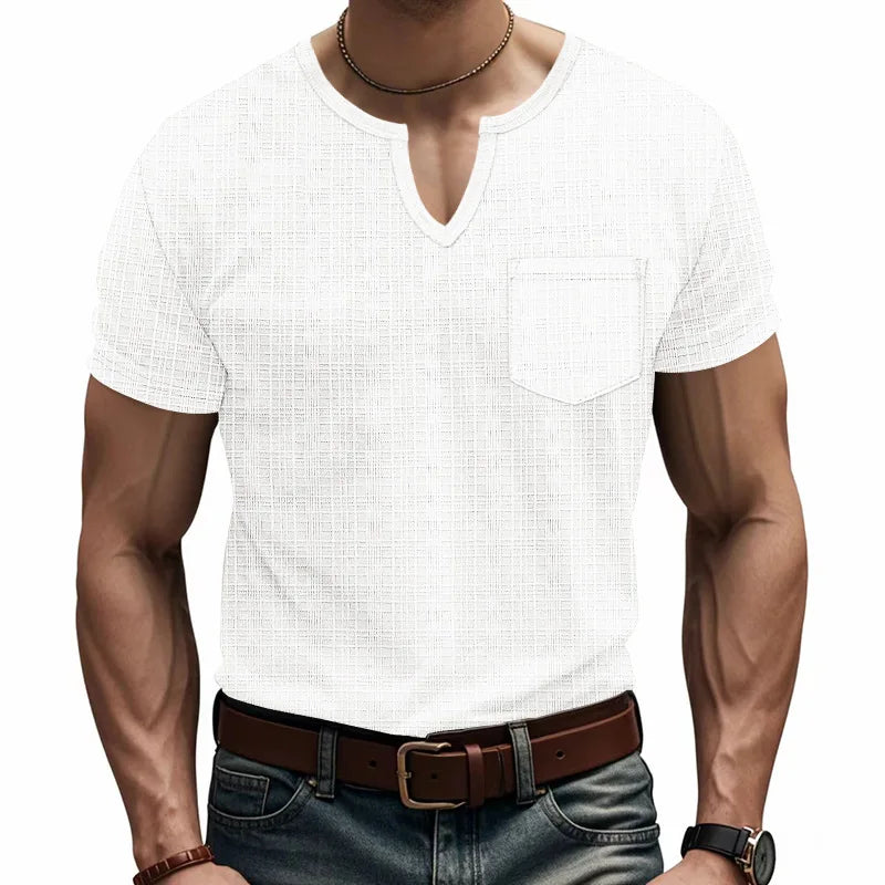 Herren-Casual-Poloshirt mit V-Ausschnitt, Brusttasche und Knopfleiste – vielseitiges, einfarbiges Business-T-Shirt