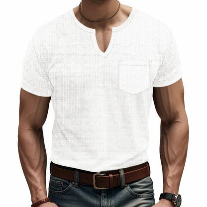 Herren-Casual-Poloshirt mit V-Ausschnitt, Brusttasche und Knopfleiste – vielseitiges, einfarbiges Business-T-Shirt