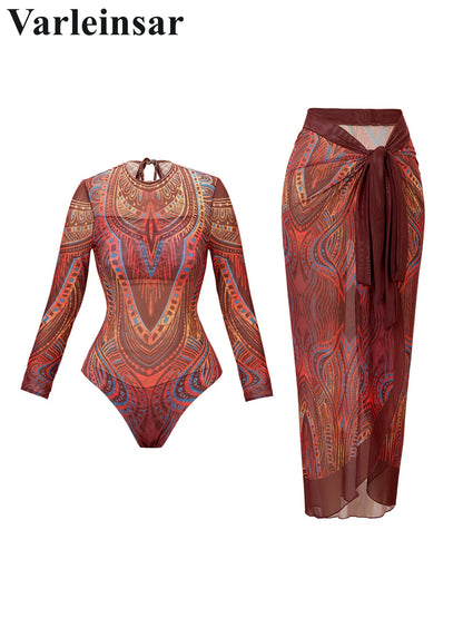 Damen Badeanzug bedruckt Langarm mit Sarong hoher Beinausschnitt Einteiler